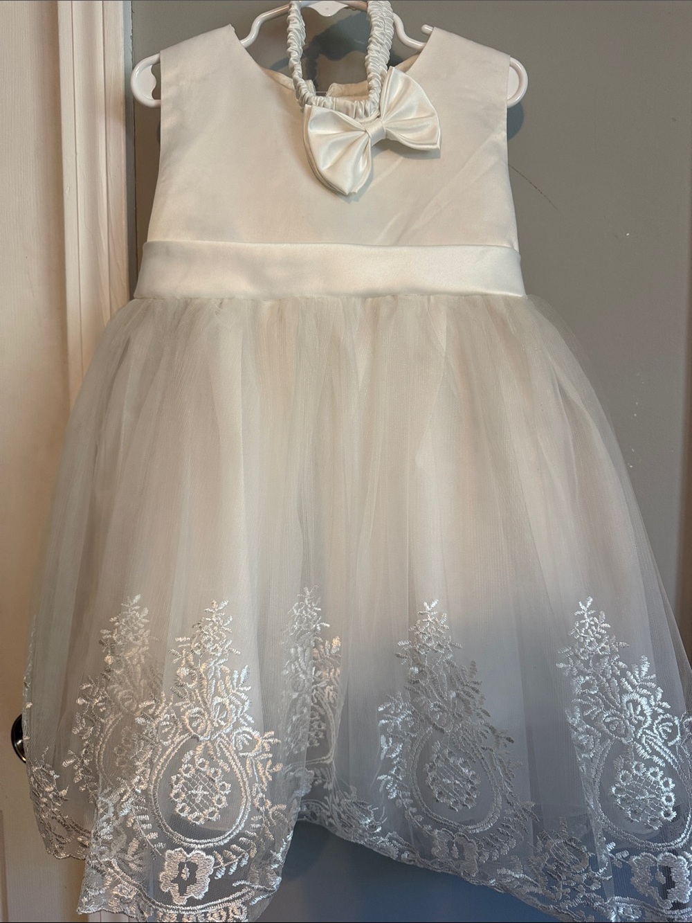 Ivory Tulle Floral Embroidered Girls Dress with Bow